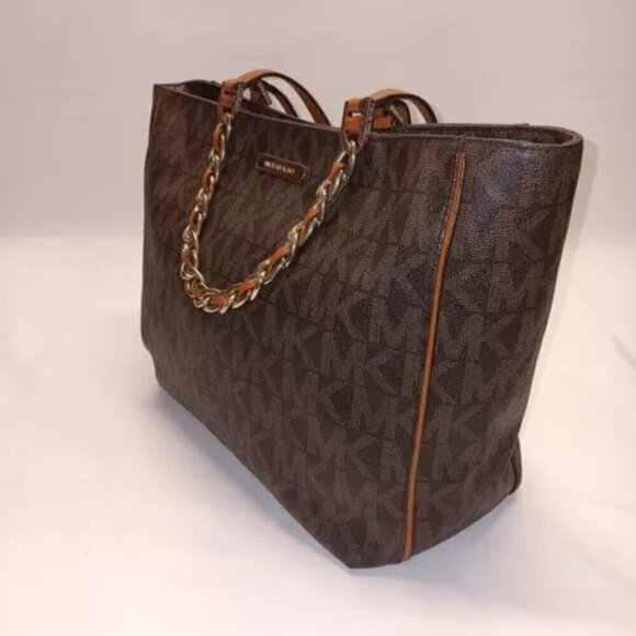Michael Kors Handbag Brown Signature Harper Large Tote Logo Gold Chain East West - Picture 6 of 15